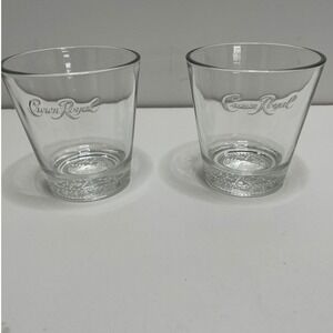 Crown Royal Whiskey Rocks Glasses Set 2 Etched Logo Lowball Embossed Base Clear